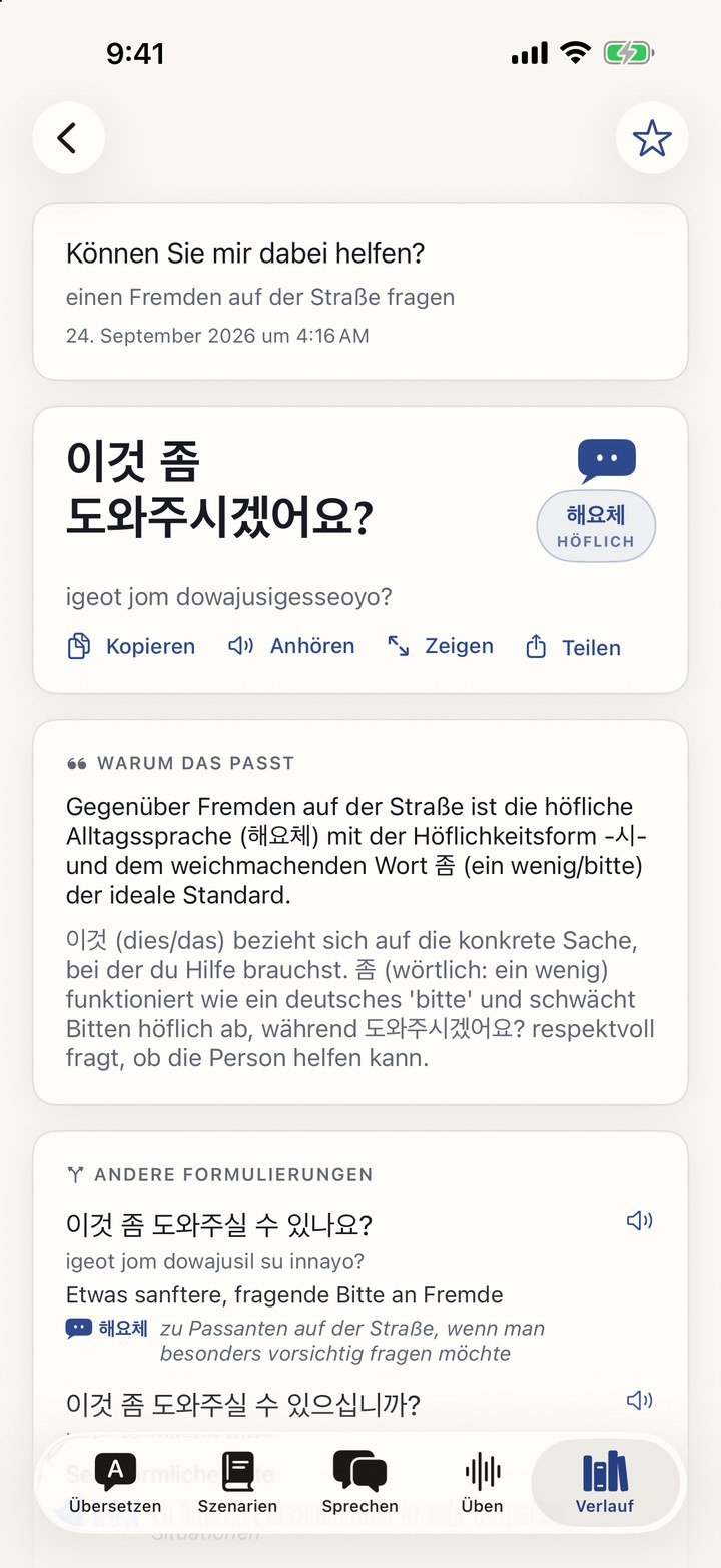 Eine Tono Translate-Antwort, mit erklärter Höflichkeitsform