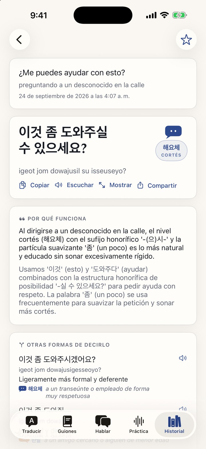 Una respuesta de Tono Translate, con su nivel de formalidad explicado