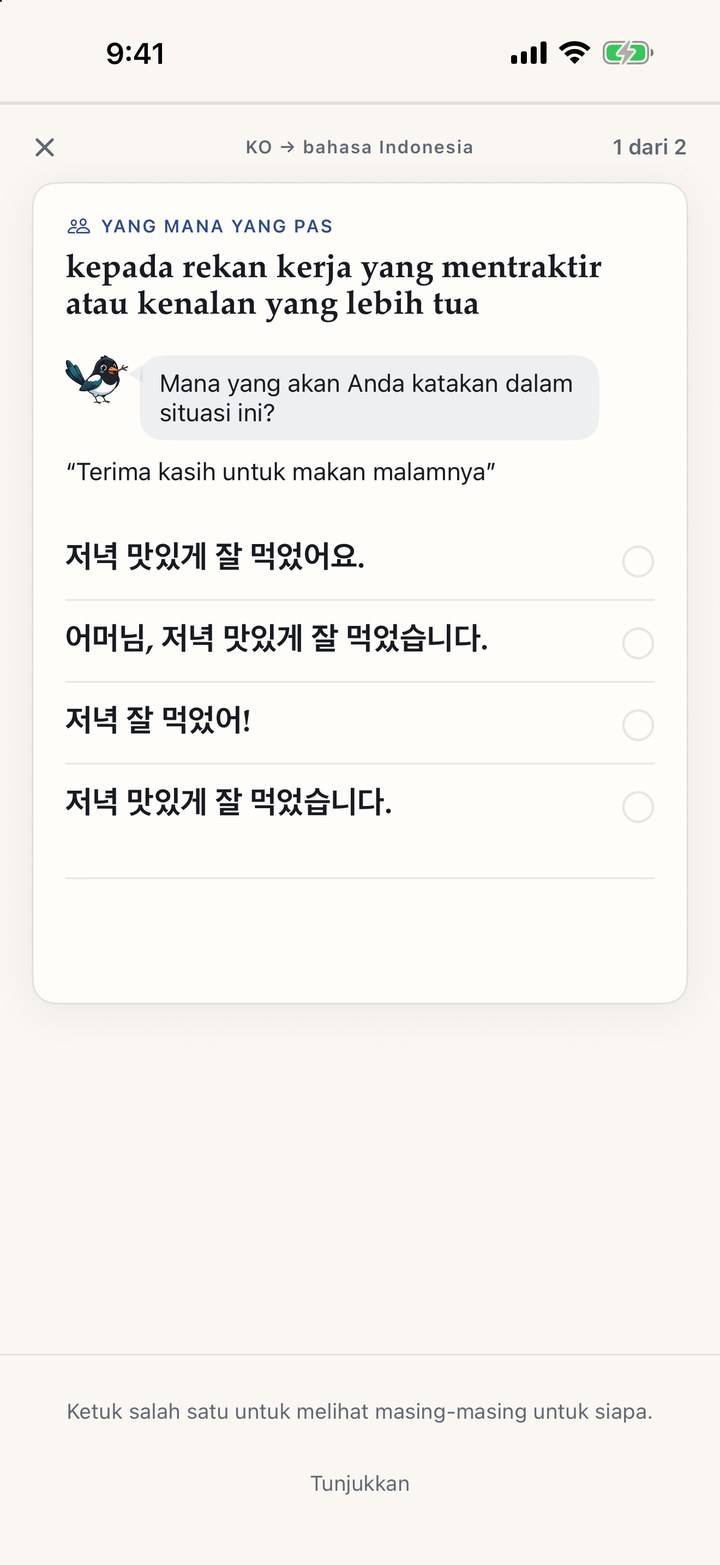 Kartu latihan — kalimat mana yang pas untuk orang ini?