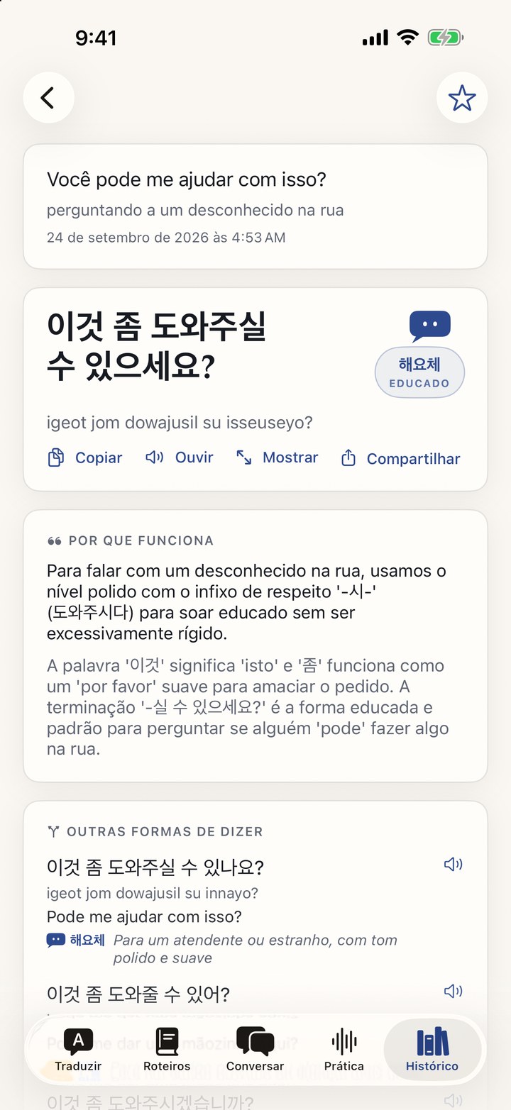 Uma resposta no Tono Translate, com o nível de formalidade indicado e explicado