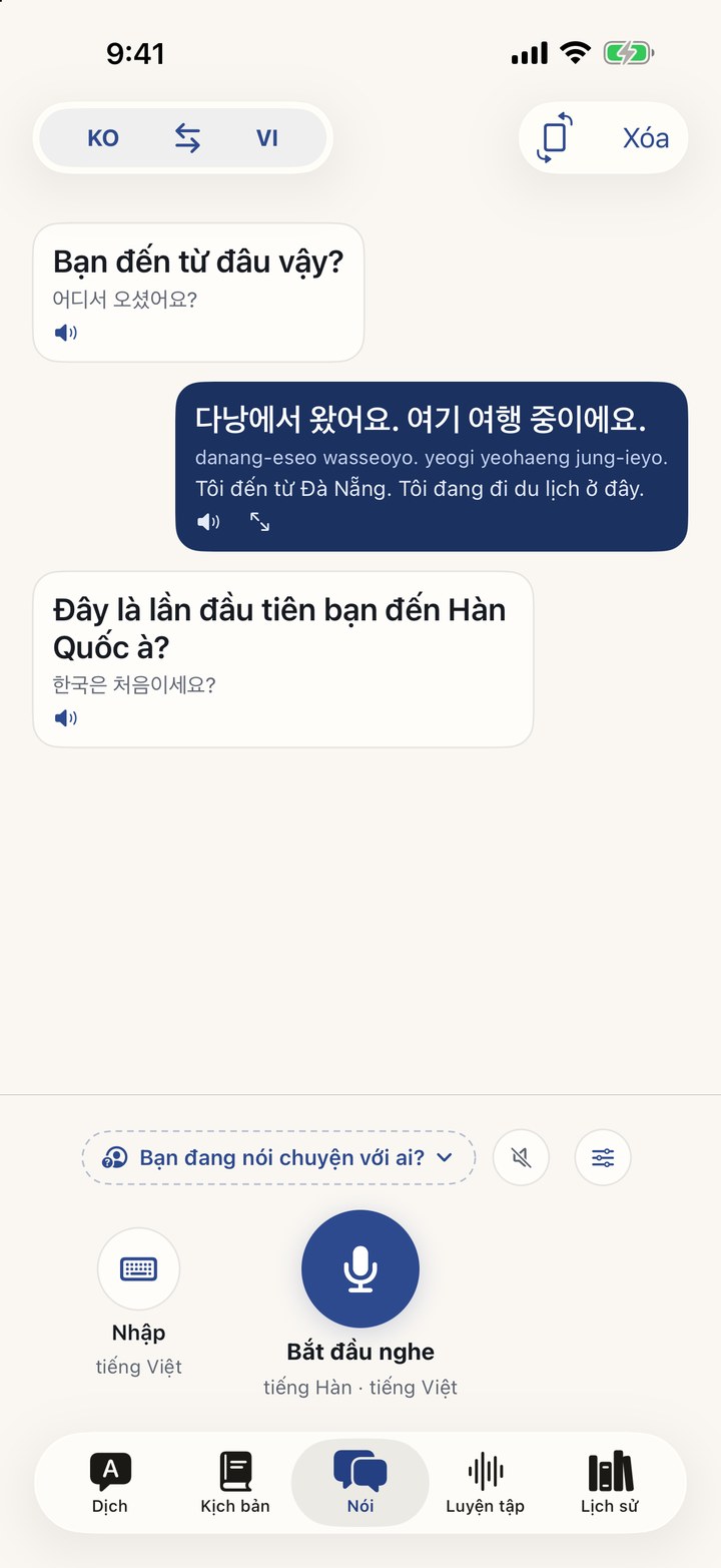 Cuộc trò chuyện trực tiếp, mỗi câu ở phía người nói